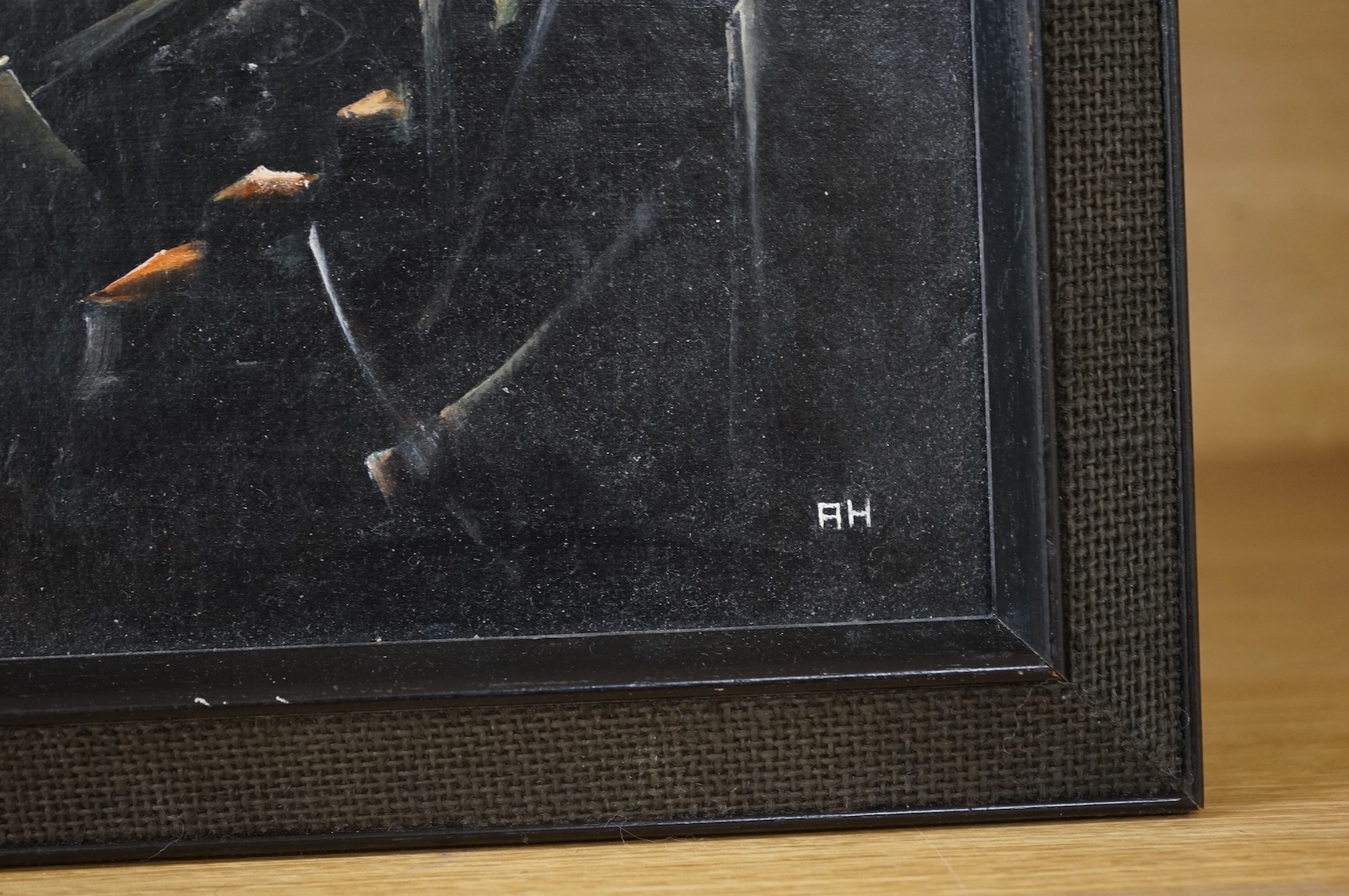Alan Harris, 'Last one before bait lunch', monogrammed, inscribed and dated 2015 verso, oil on board, 39 x 29cm